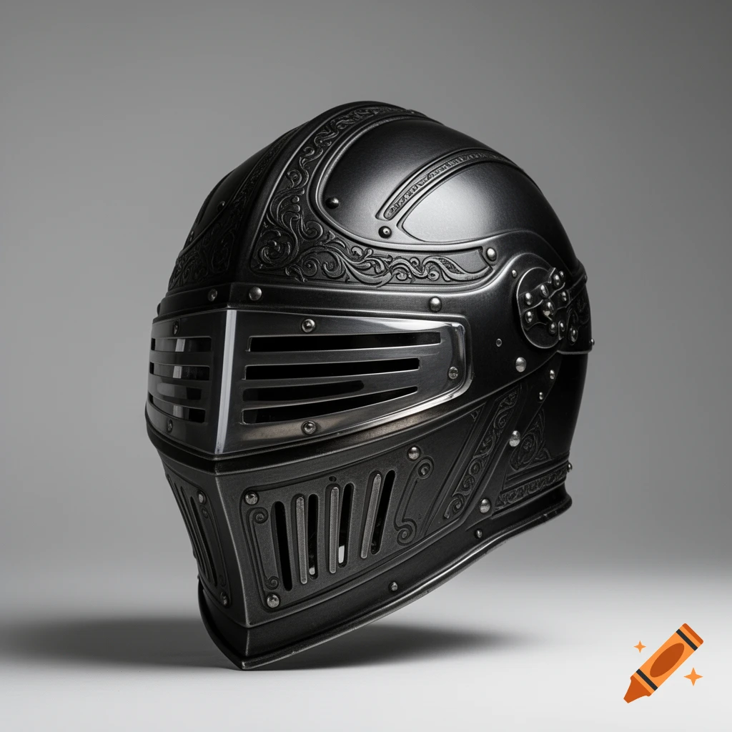 A dark, ornate helmet blending medieval and modern design, against a grey studio background.