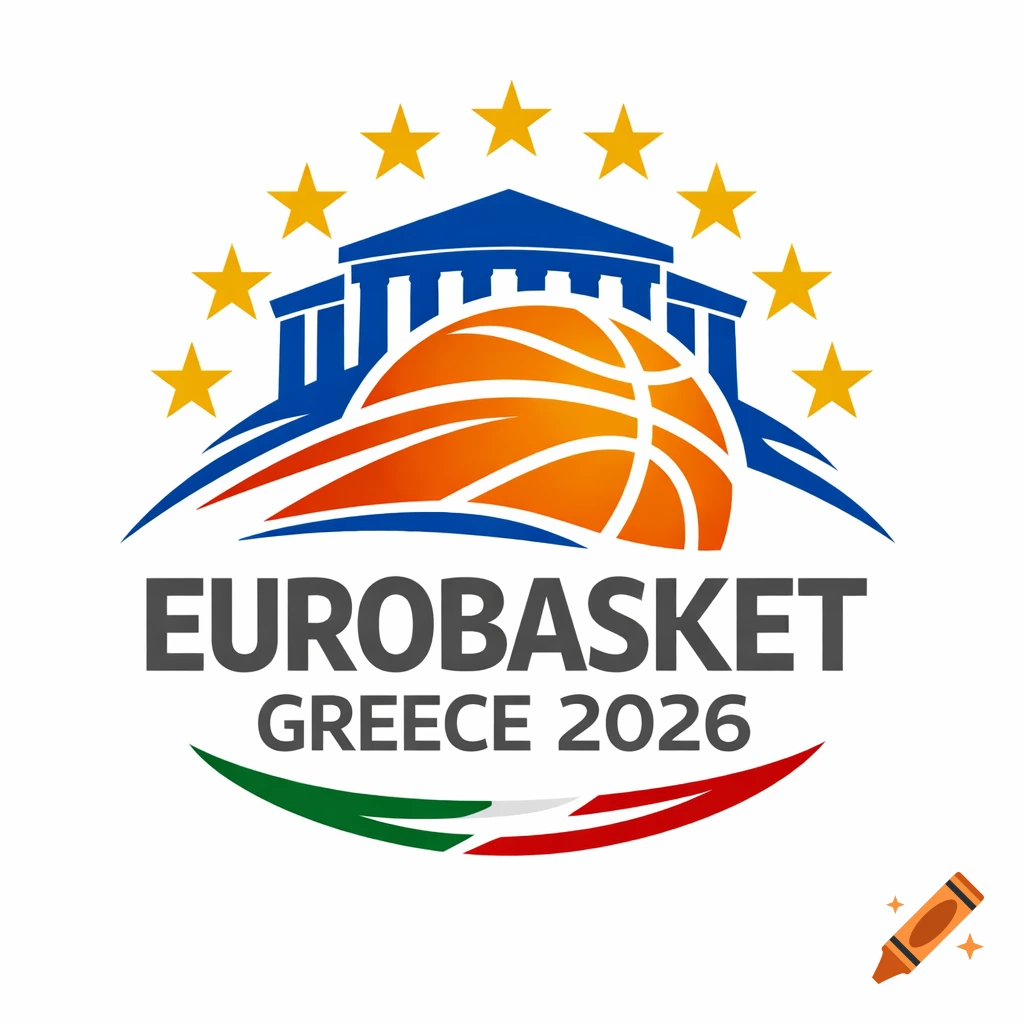 Official logo for EuroBasket Greece 2026 with a basketball, Greek columns, and golden stars on a white background, featuring Italian flag colors.