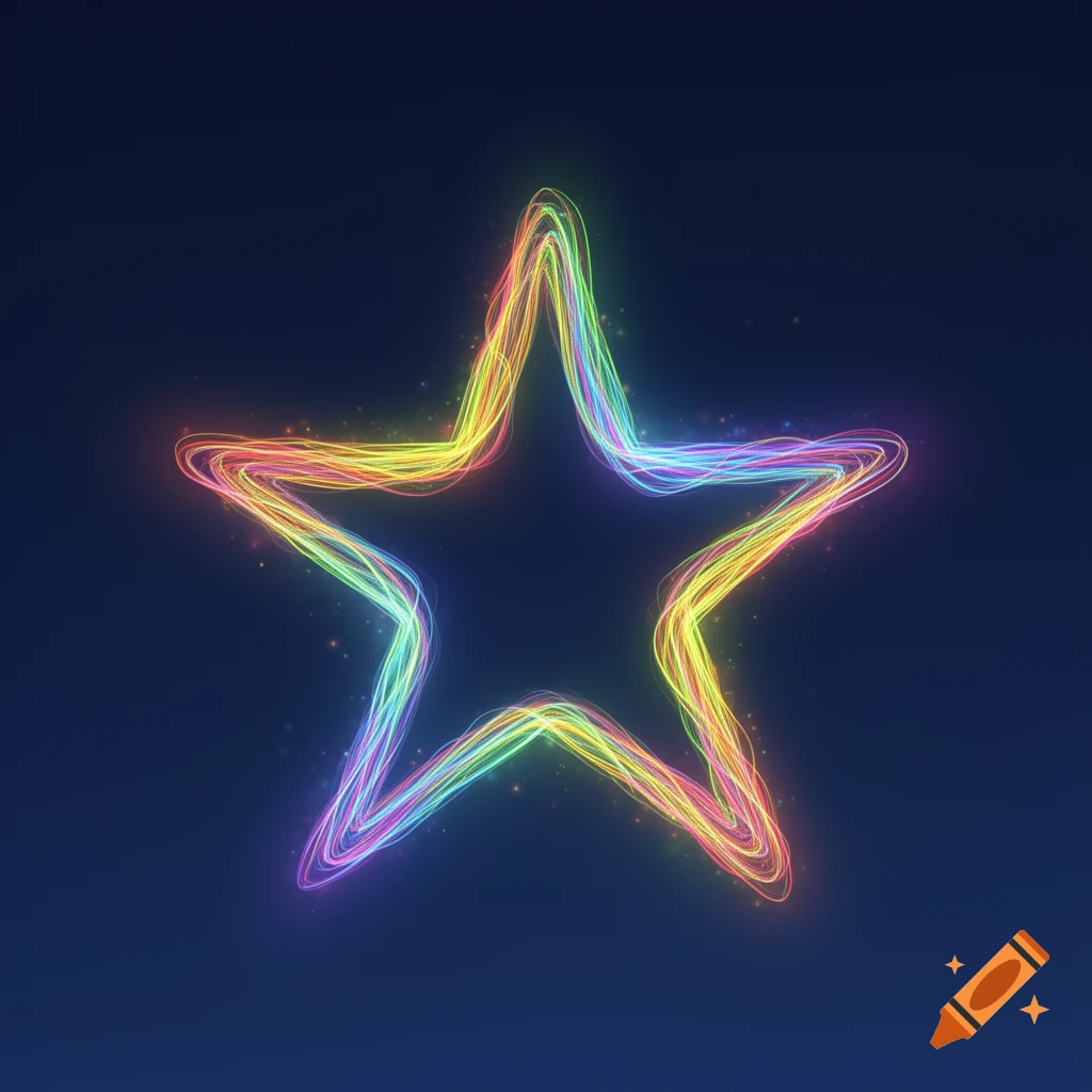 A vibrant, glowing five-pointed star made of intertwining rainbow-colored lines against a dark blue background.