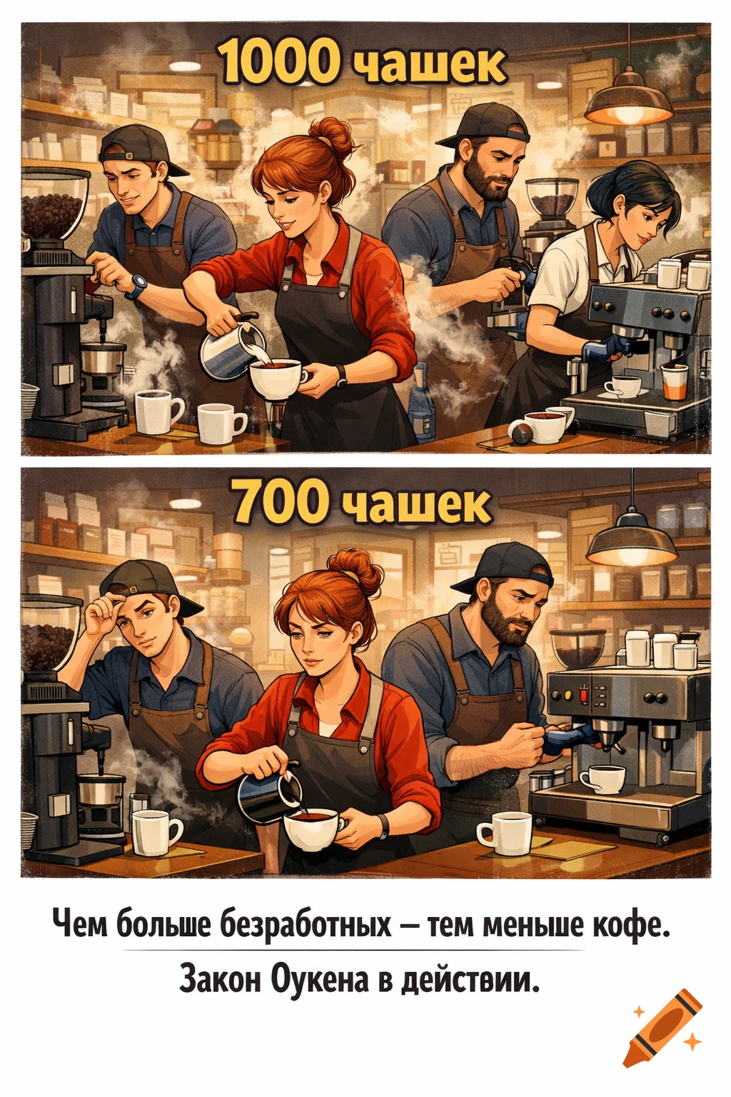 Two illustrated panels show baristas making coffee in a coffee shop, with text describing an economic principle related to unemployment.