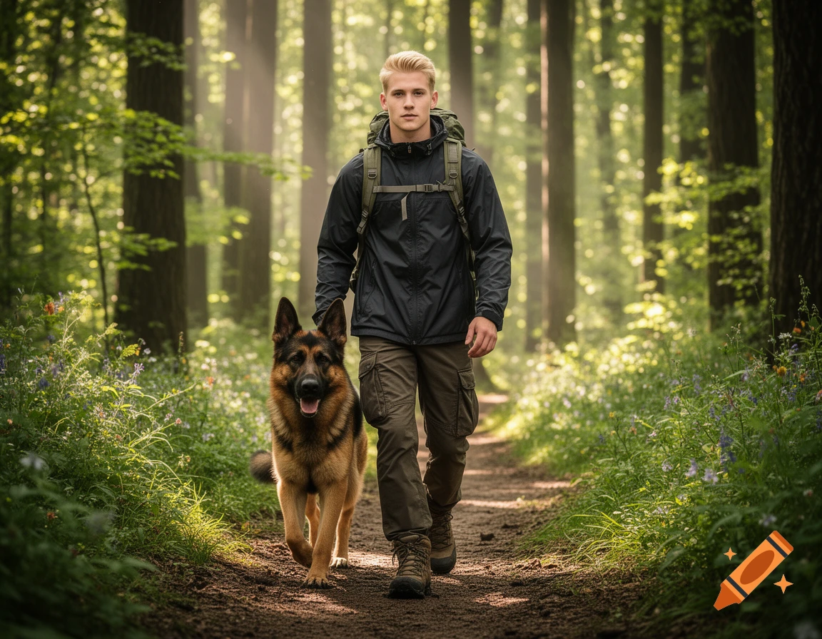 A blonde young man with a backpack walks on a path in a sun-dappled forest with his German Shepherd dog.