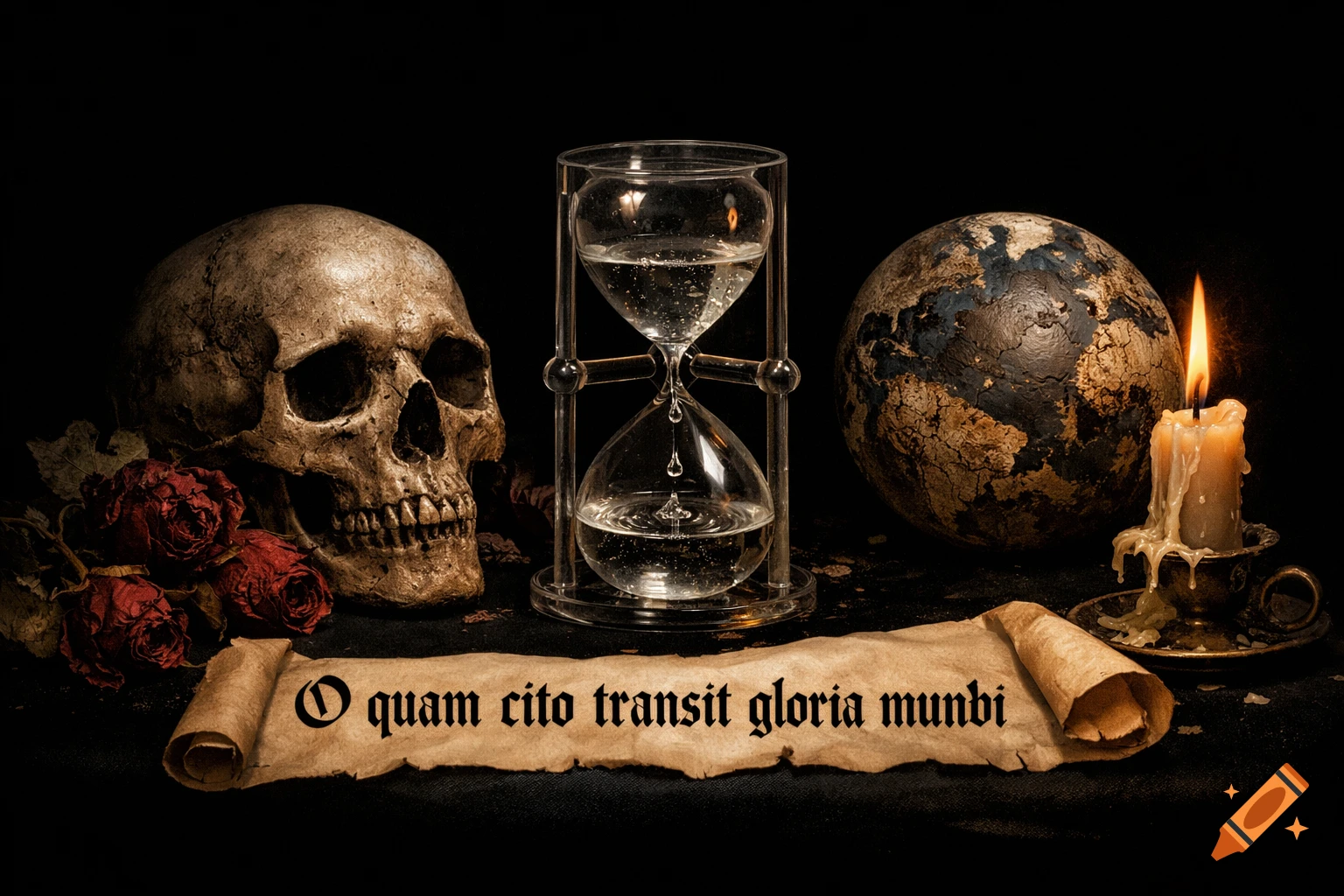 A dark still life featuring a skull, wilted red roses, a water hourglass, a decaying globe, a burning candle, and a parchment with Latin text.