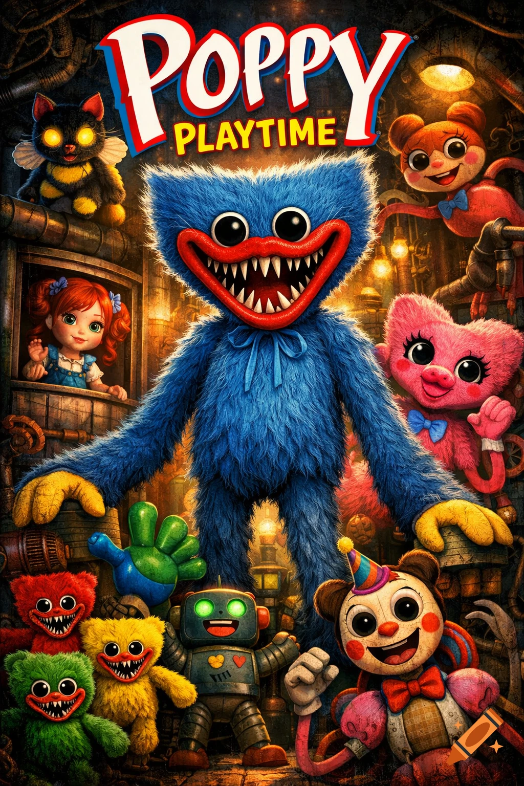 A colorful poster for Poppy Playtime featuring Huggy Wuggy, Kissy Missy, and various other toy characters, with a doll-like girl waving.