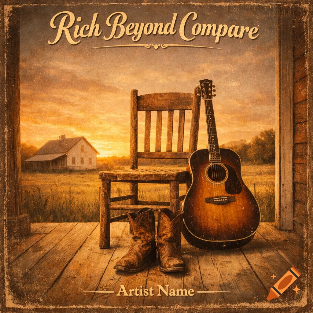 A vintage album cover featuring an acoustic guitar, cowboy boots, and a wooden chair on a porch at sunset, with a farmhouse. Text reads 'Rich Beyond Compare' and 'Artist Name'.