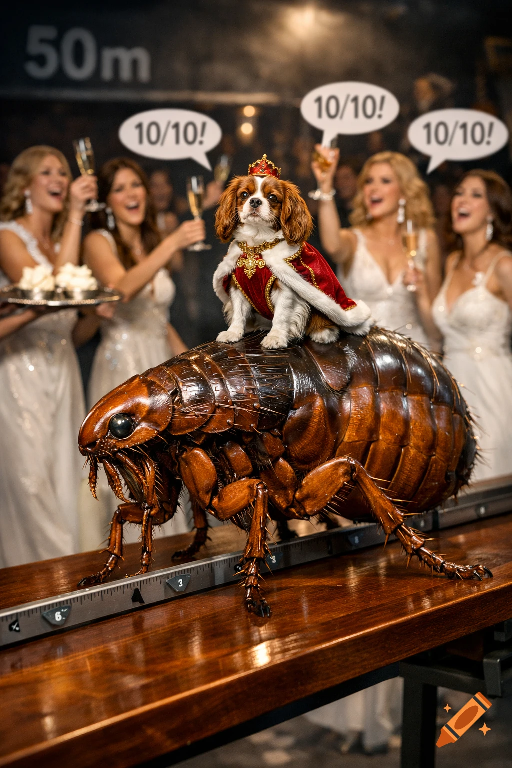 A dog in a crown and cape sits on a giant flea on a shooting range bench. Women in white dresses cheer '10/10!' in the blurry background.