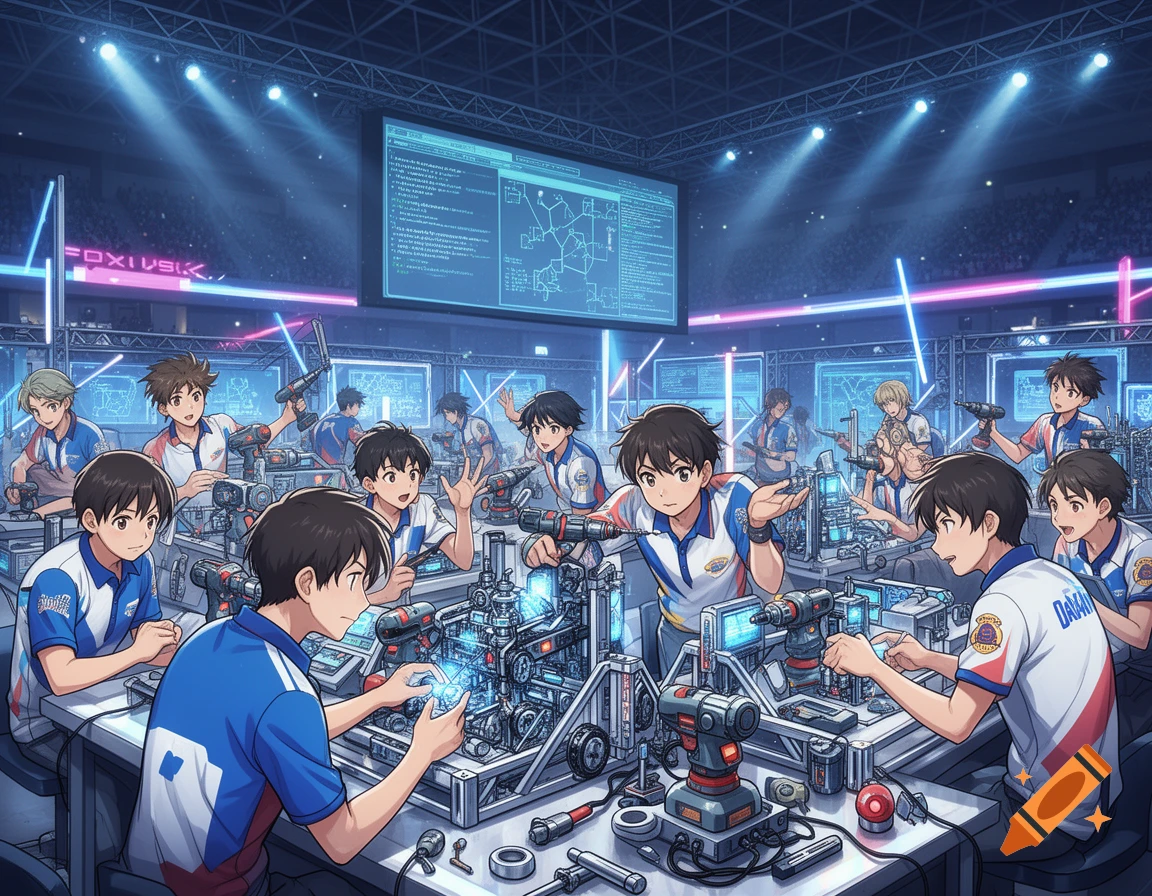 Anime-style young men in a brightly lit robotics competition pit, actively working on mechanical devices at tables in an arena.