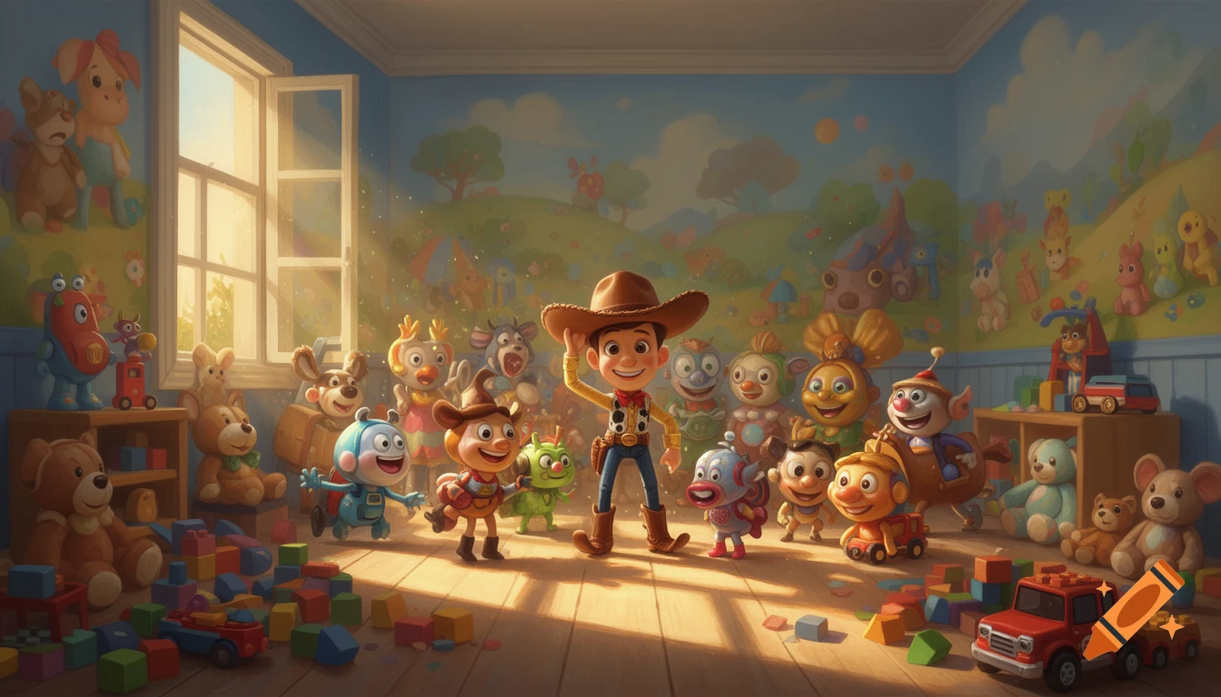 A cowboy toy, reminiscent of Woody, stands among many colorful cartoon toys and building blocks in a sunlit child's room.