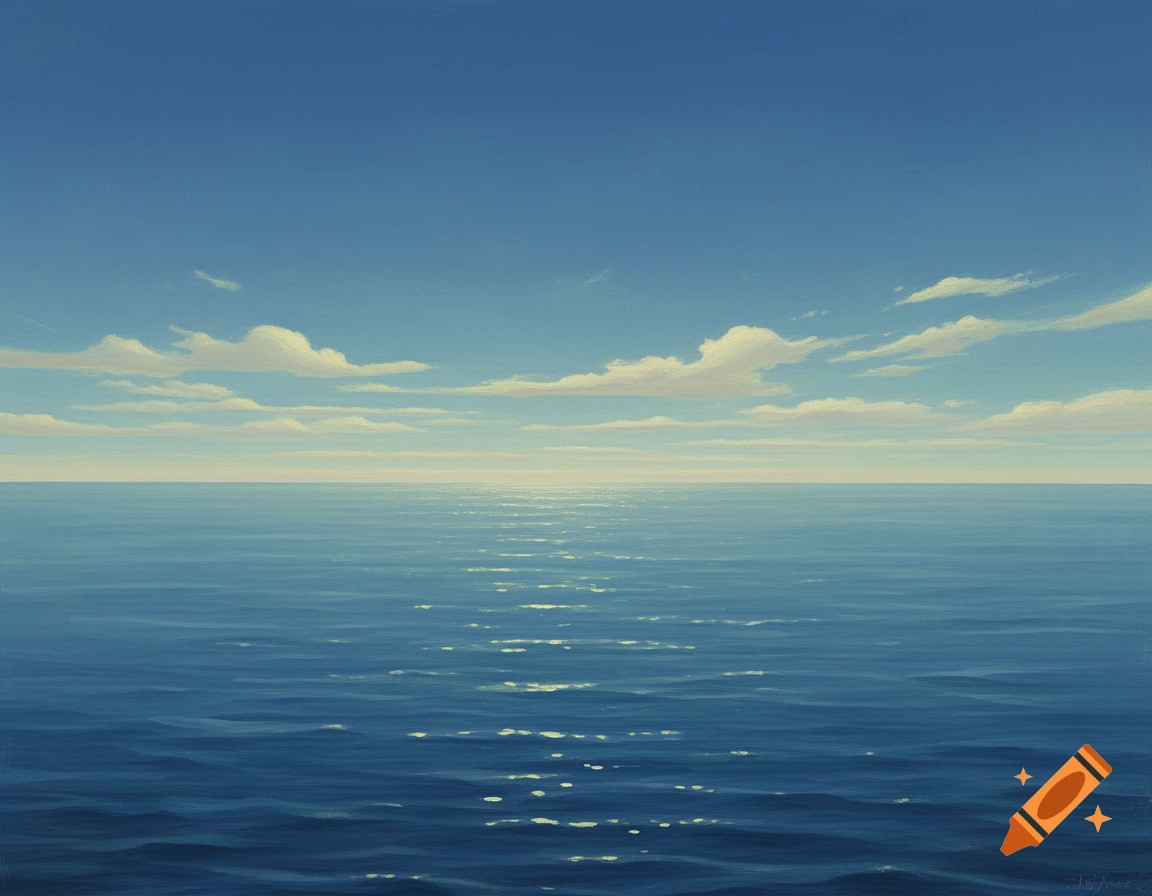 A painting of a vast open sea under a blue sky with scattered clouds, with sunlight shimmering on the water's surface.