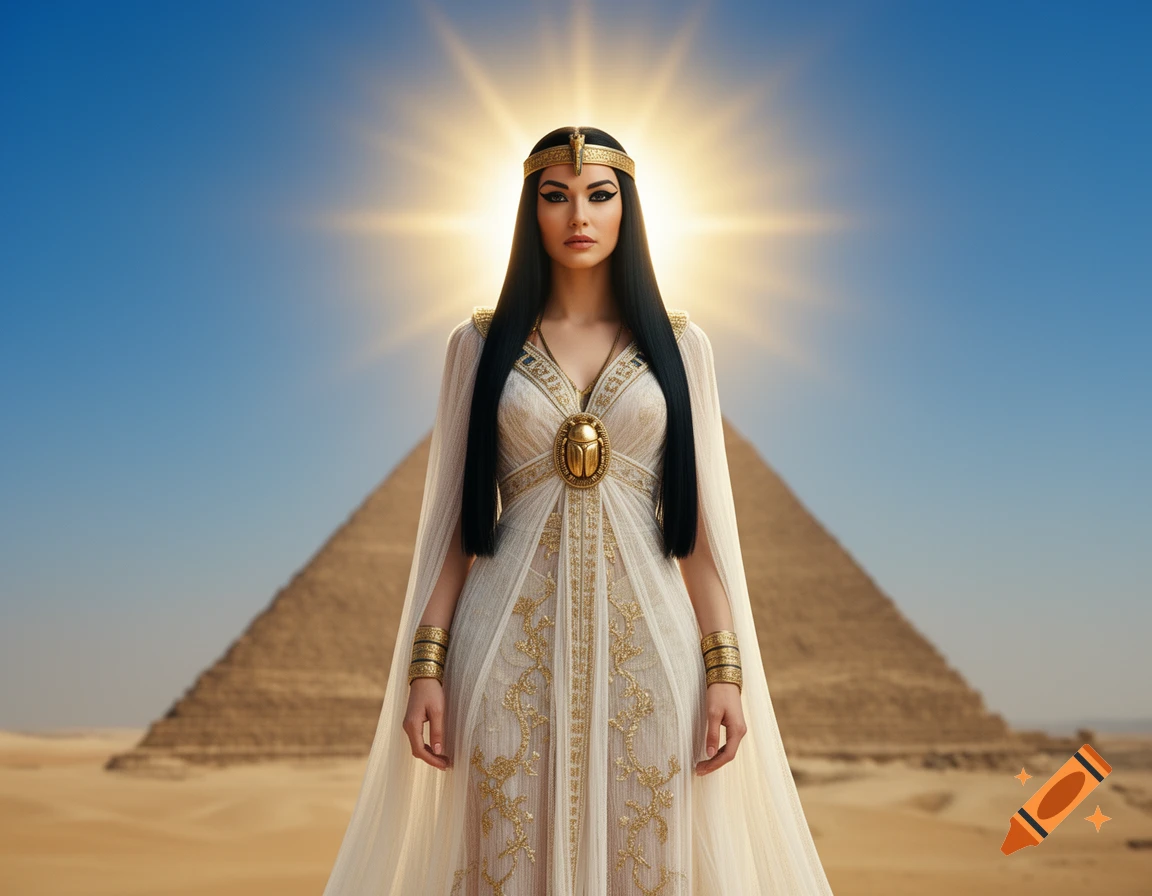 A regal woman resembling Cleopatra in white and gold ancient Egyptian attire, featuring a prominent scarab, stands before a large pyramid at sunset.