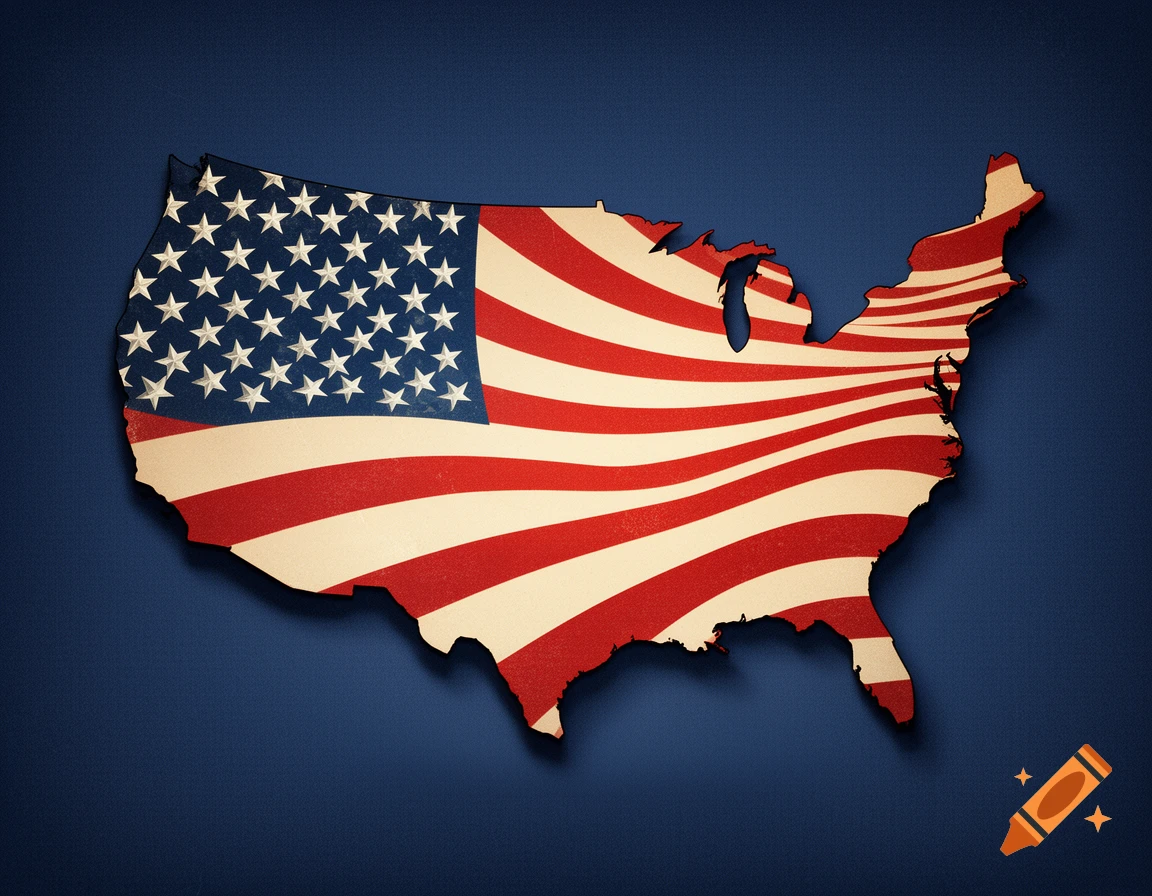 A map of the contiguous United States overlaid with the American flag design on a dark blue background.