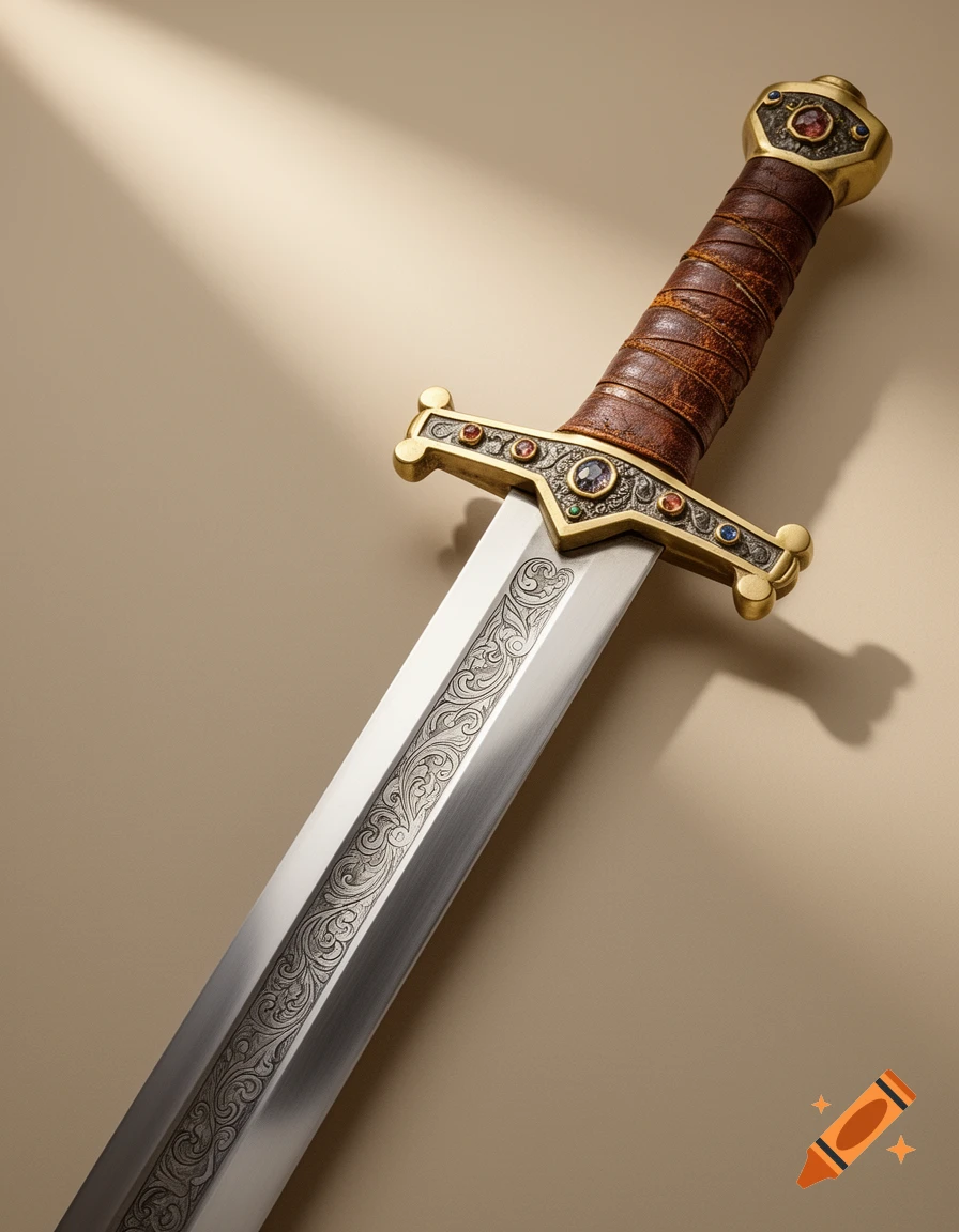An ornate medieval sword with a leather-wrapped hilt, jeweled guard, and an engraved blade, lying on a beige surface.