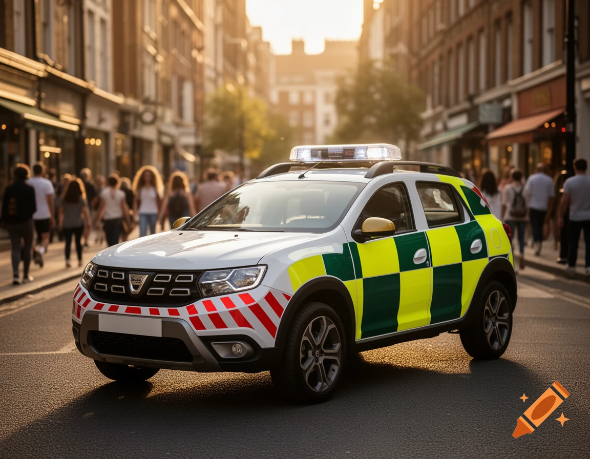 A Dacia animal rescue vehicle, white with yellow/green checkered markings and red/white stripes, on a busy city street at sunset.