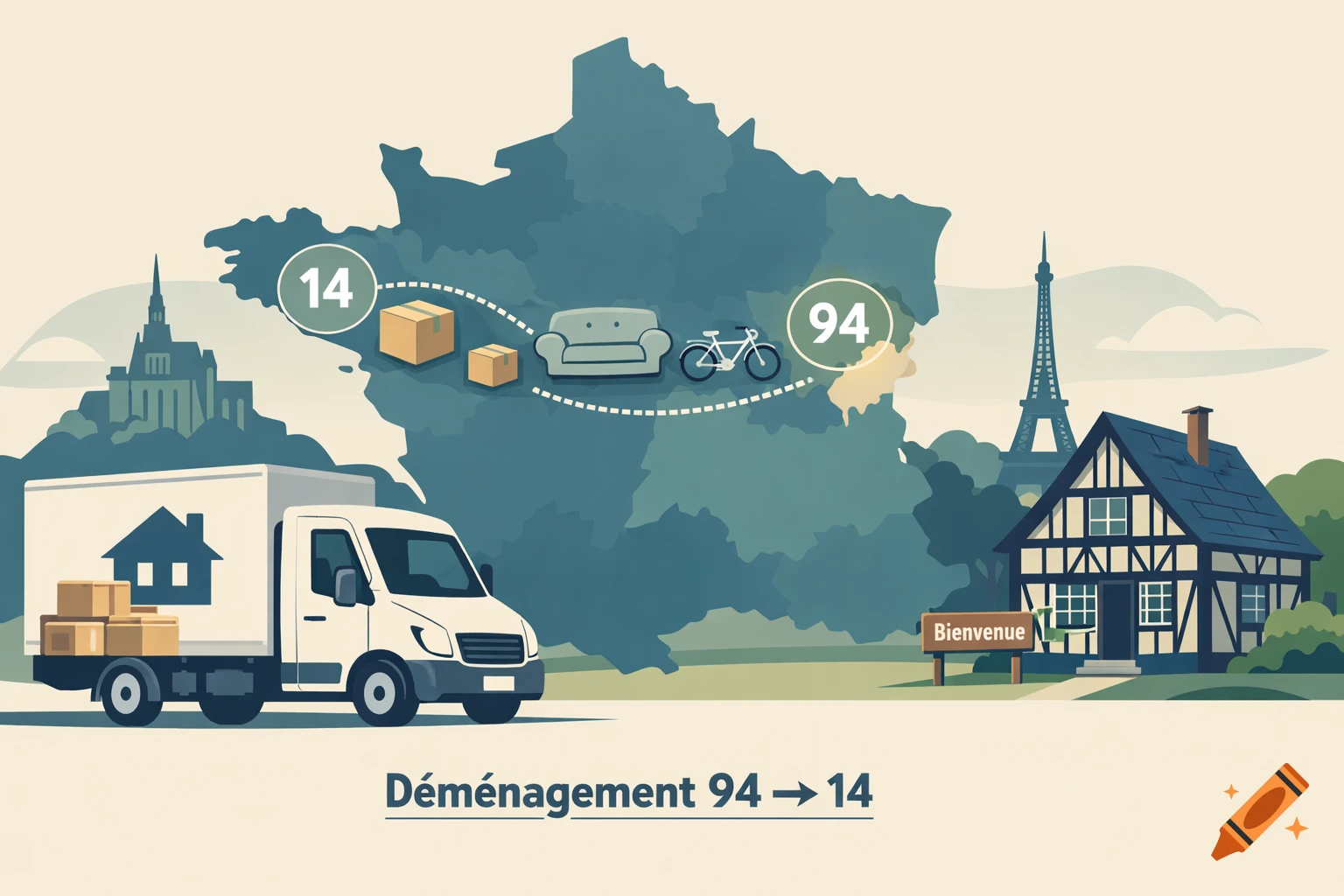 Vector illustration of a moving truck and furniture over a map of France, indicating a move from department 94 to 14, with landmarks.