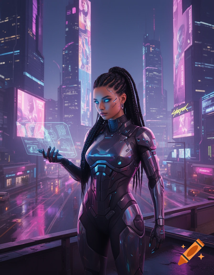 A cybernetically enhanced woman with braids holds a glowing holographic interface in a neon-lit futuristic city at dusk, concept art style.