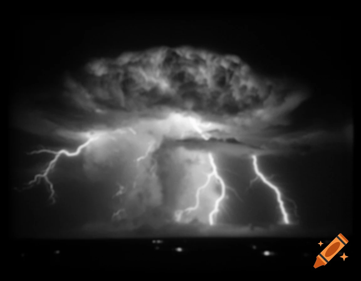 A blurry, black and white image of a powerful thunderstorm at night with multiple lightning strikes from a massive cloud.