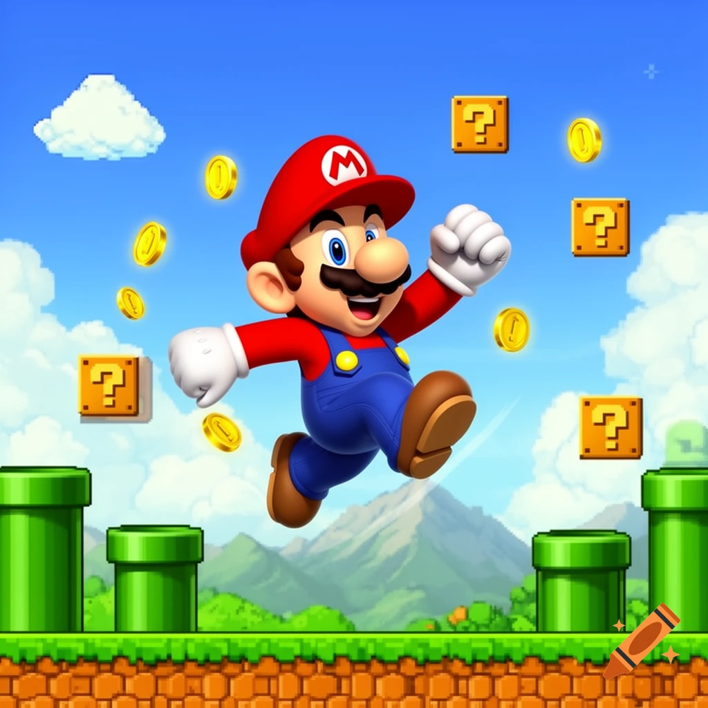 Super Mario jumping in a vibrant video game world with question blocks and coins.
