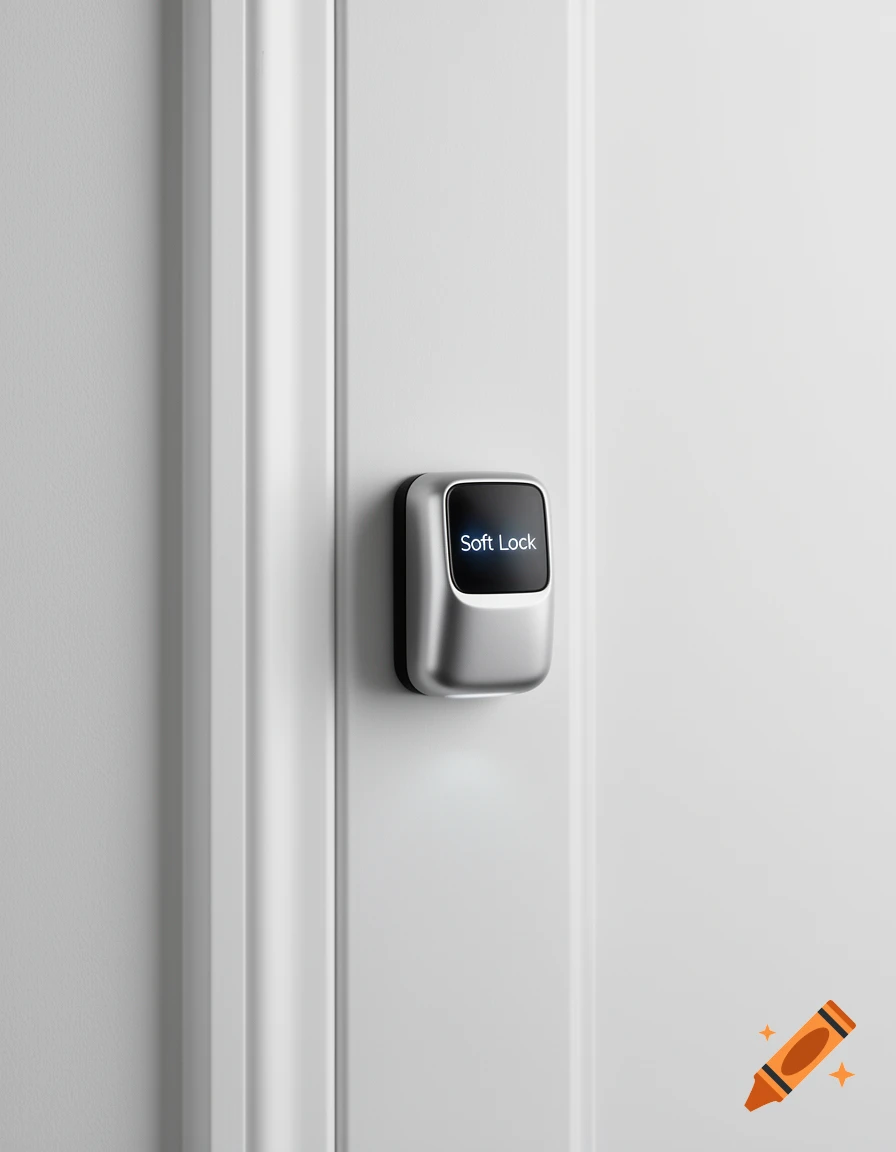 A modern silver and black smart door lock with 'Soft Lock' displayed on its screen, installed on a white door.