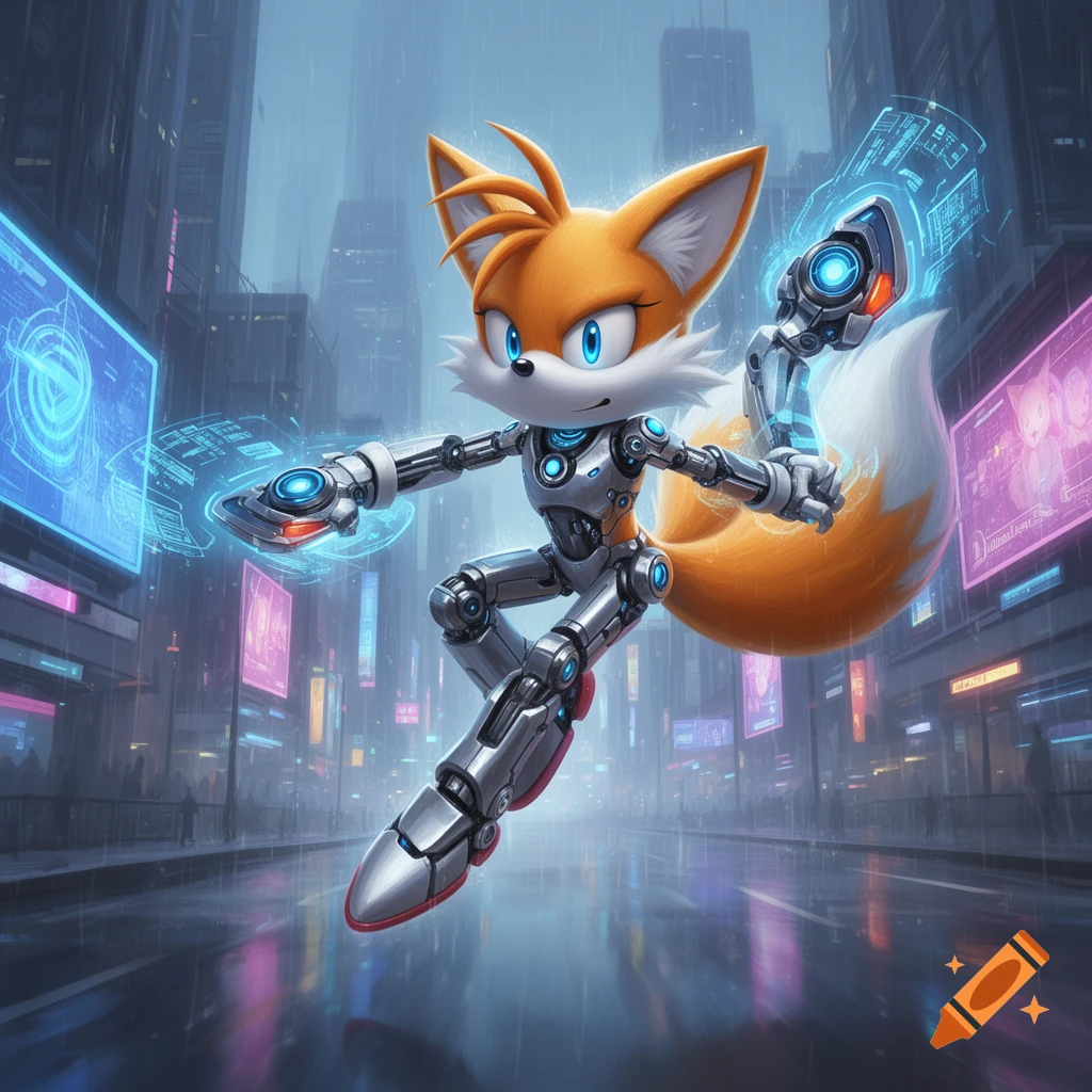 Cyborg Miles "Tails" Prower hovers in a futuristic cyberpunk city, wielding glowing energy devices.