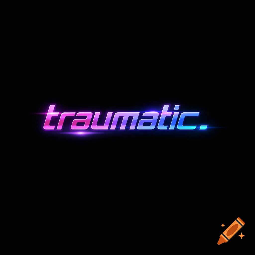 The word 'traumatic.' rendered in glowing, pink and blue neon-style text on a black background.