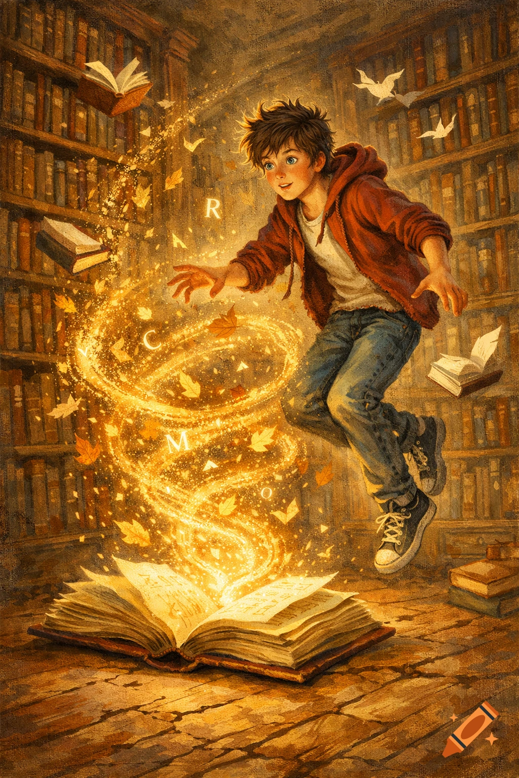 A young boy levitates over an open book, from which a golden magical light with swirling letters and leaves emerges, in a grand library setting.