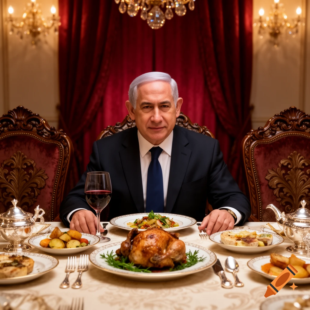 Photorealistic portrait of Benjamin Netanyahu sitting at a formal dining table with roasted chicken and wine.