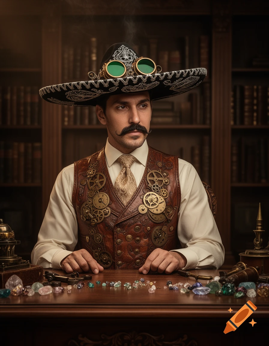 A man with a mustache in a steampunk vest and a sombrero with green goggles sits at a desk with colorful gems, in a study.