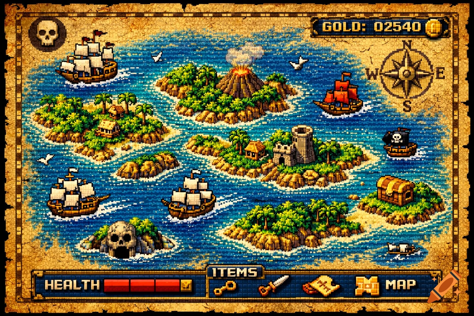 A top-down pixel art pirate map in retro Sega Genesis style, featuring Caribbean islands, ships, a volcano, and a game interface with 'GOLD', 'HEALTH', 'ITEMS', and 'MAP' sections.