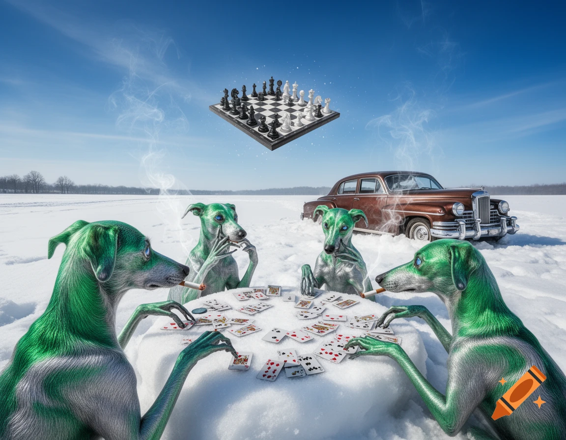 Green alien dogs play poker in a snowy landscape with a floating chessboard and a classic car in the background.