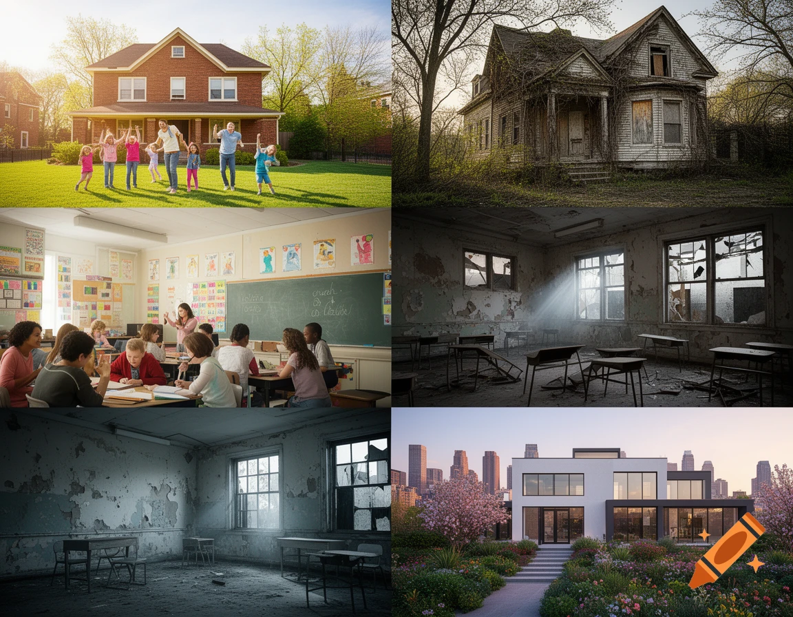 A six-panel collage features different scenes: a family on a lawn, an abandoned house, a classroom, two abandoned classrooms, and a modern house with a city skyline.
