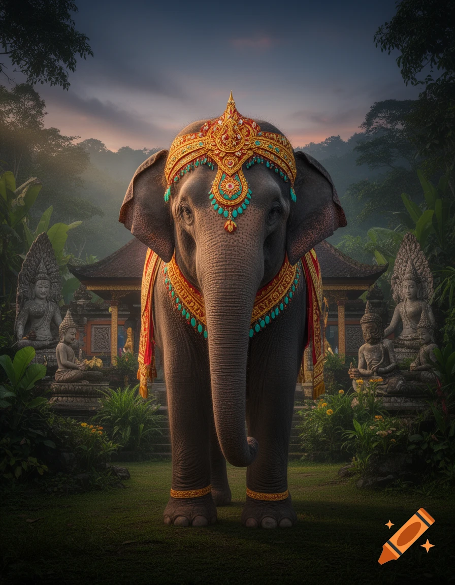An ornate elephant in gold and turquoise stands in a lush Indonesian temple garden with Buddha statues at sunset, photorealistic style.