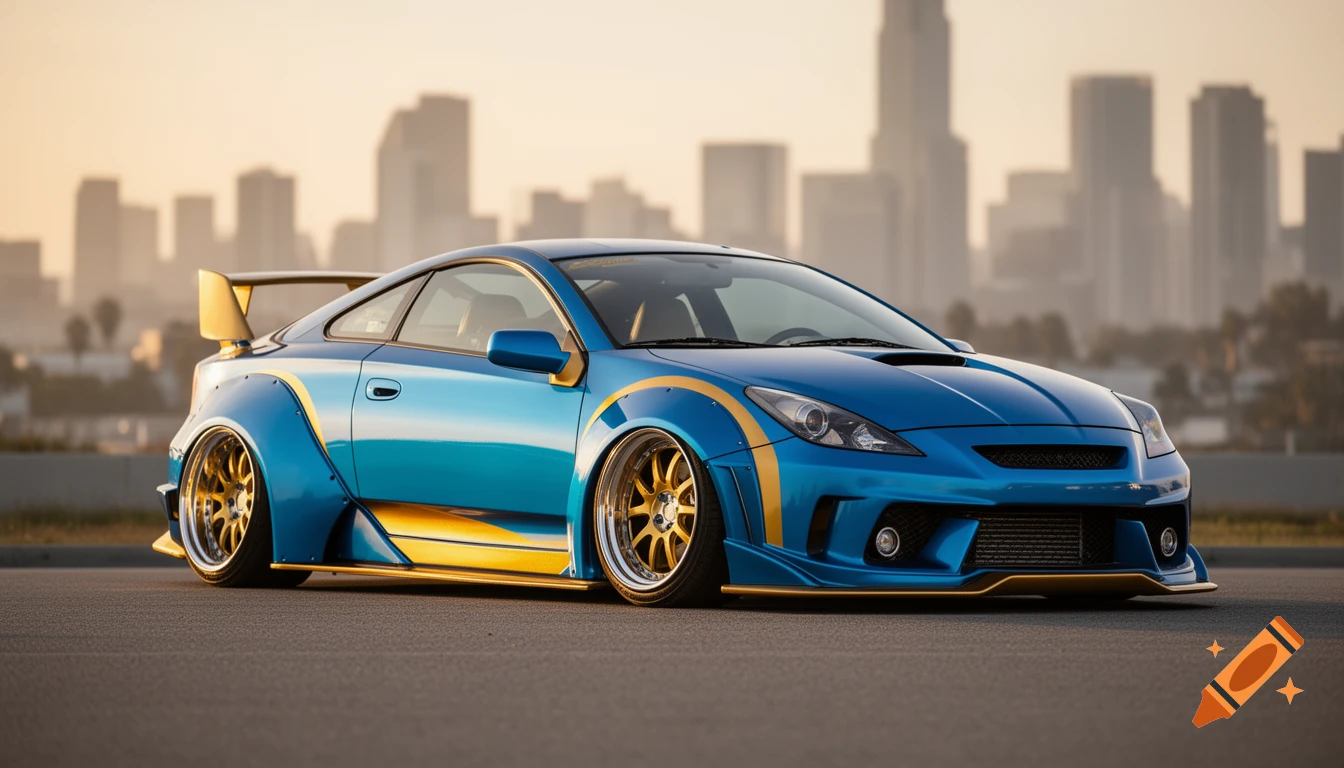 A blue and gold widebody Toyota Celica sports car parked on asphalt with a blurred city skyline at sunset.