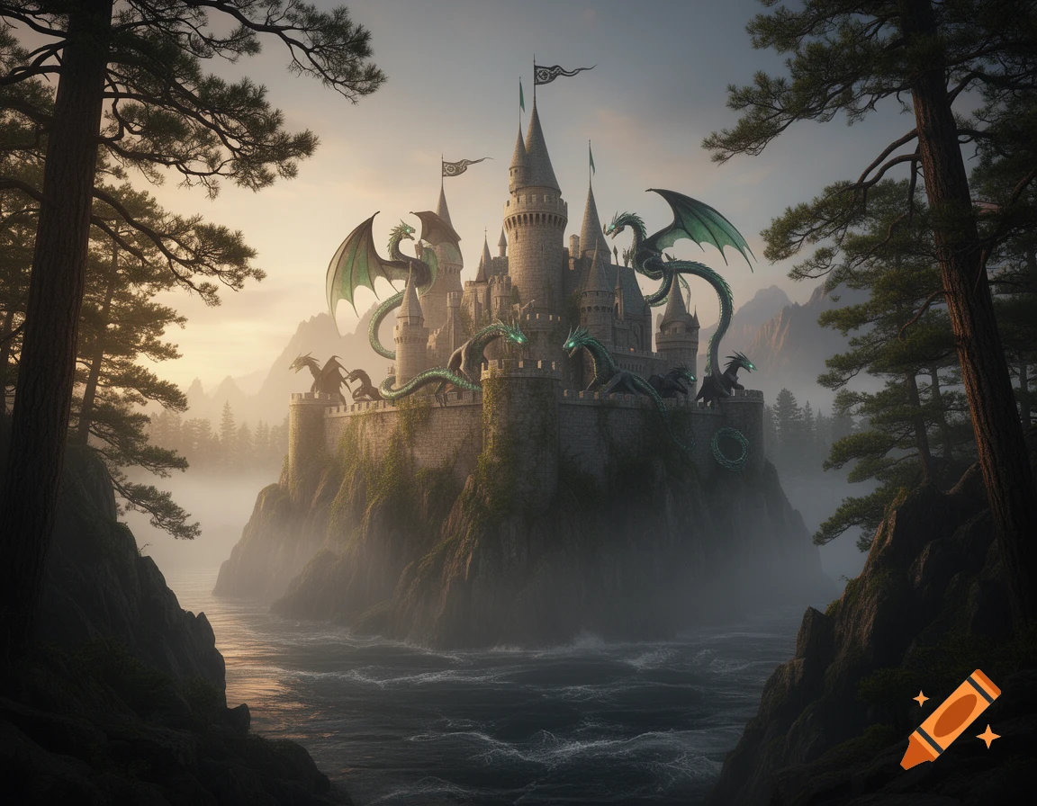 A majestic fantasy castle on a misty cliff overlooking a river, with ...