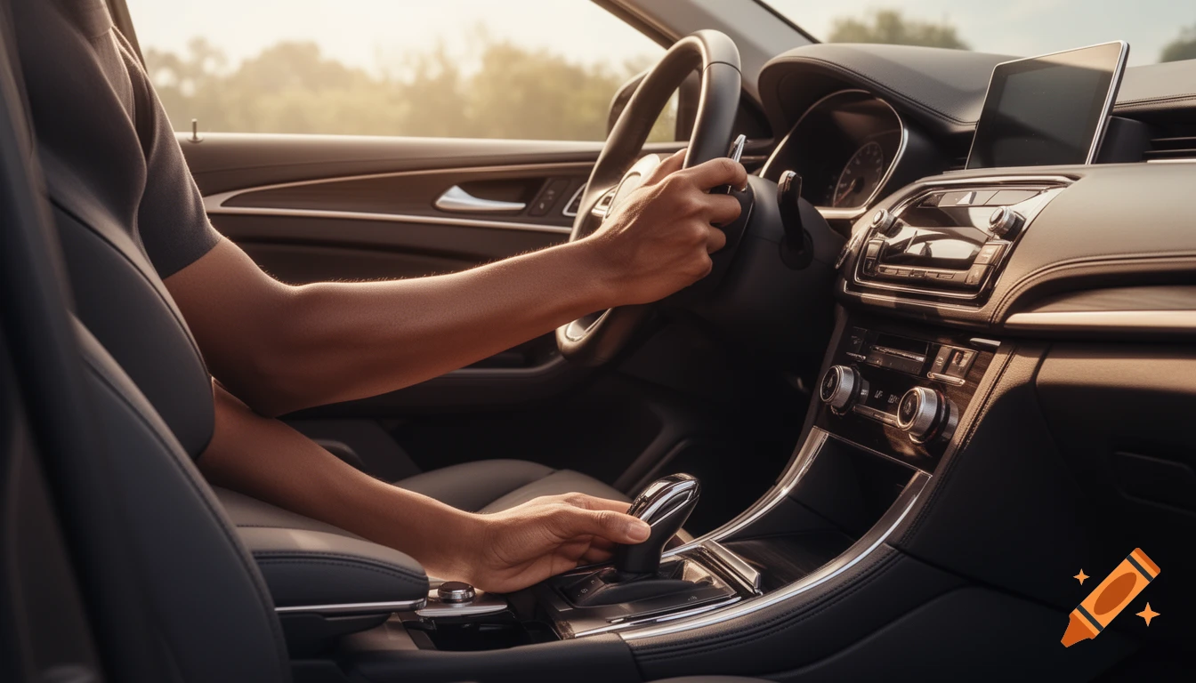 A person's hands on the steering wheel and gear shifter of a car, seen from the passenger side during sunset.