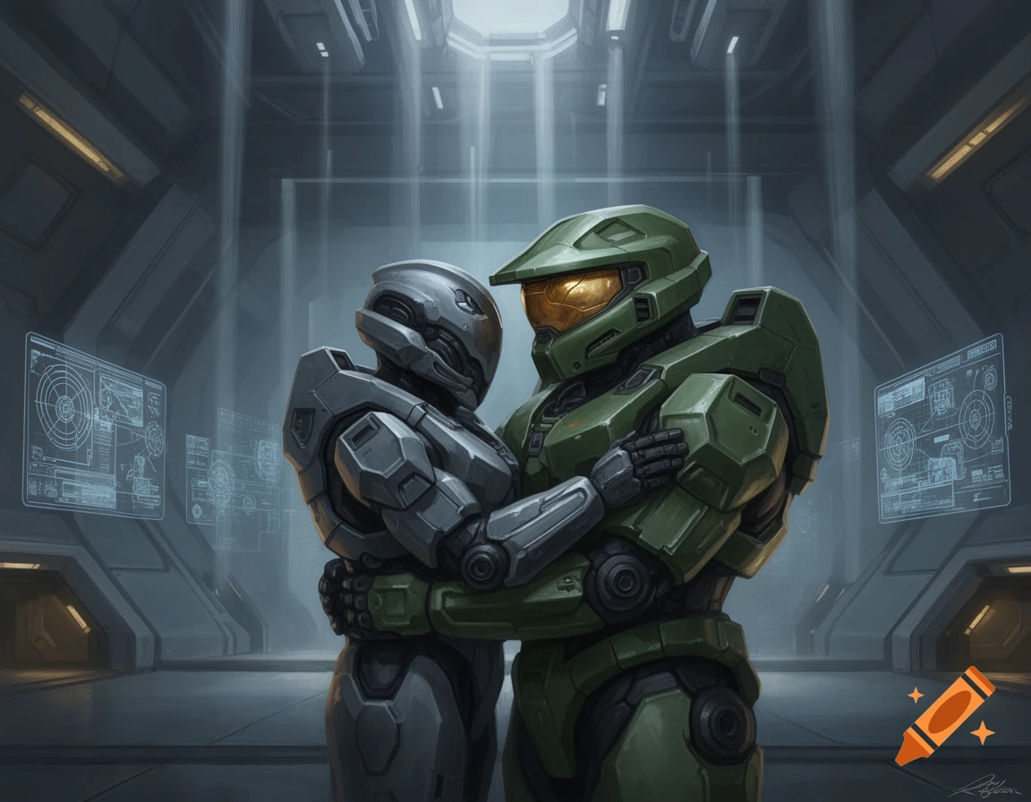 Master Chief in green armor and the Arbiter in gray armor embrace tenderly in a dimly lit sci-fi setting with holographic screens.