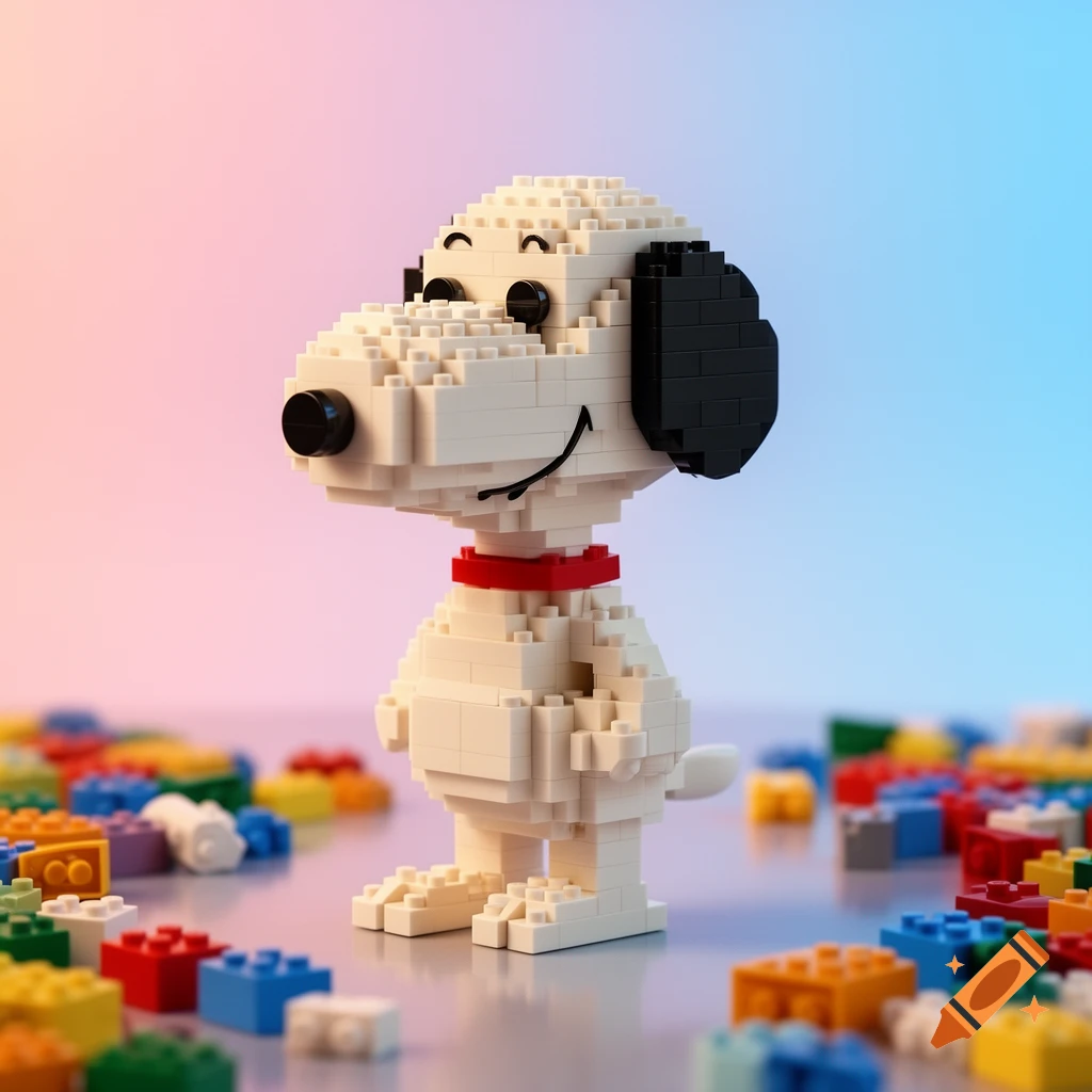 A detailed Lego figure of Snoopy with a red collar stands among scattered colorful building blocks against a soft gradient background.