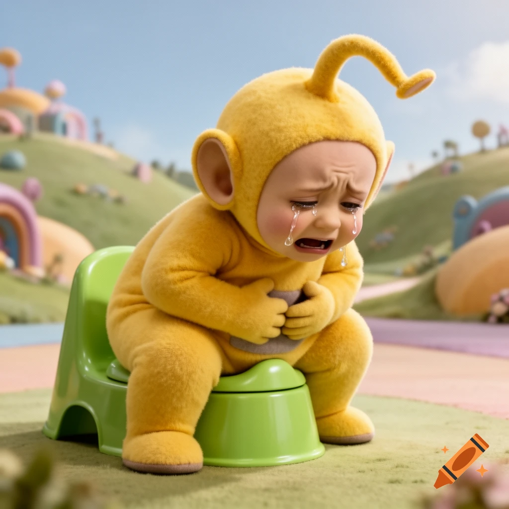 A hyperrealistic baby in a yellow Teletubby (Laa-Laa) costume sits on a green potty, crying desperately with tears streaming down its face.