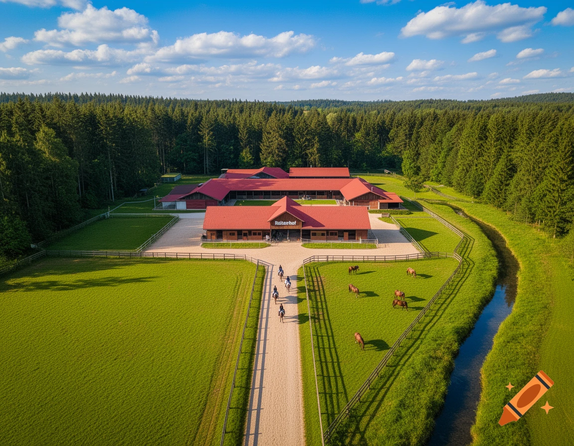 Aerial view of a horse farm featuring red-roofed buildings, green fields with horses, and riders on a path, surrounded by dense forest.