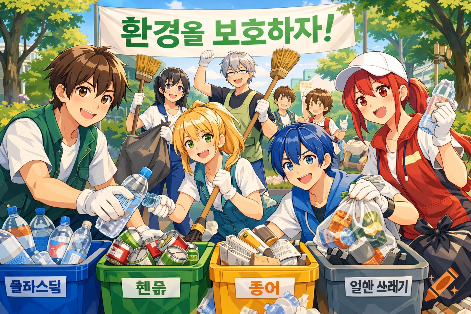 Anime-style students smiling and sorting waste into recycling bins, with some holding brooms and a banner reading 'Let's protect the environment' in Korean.