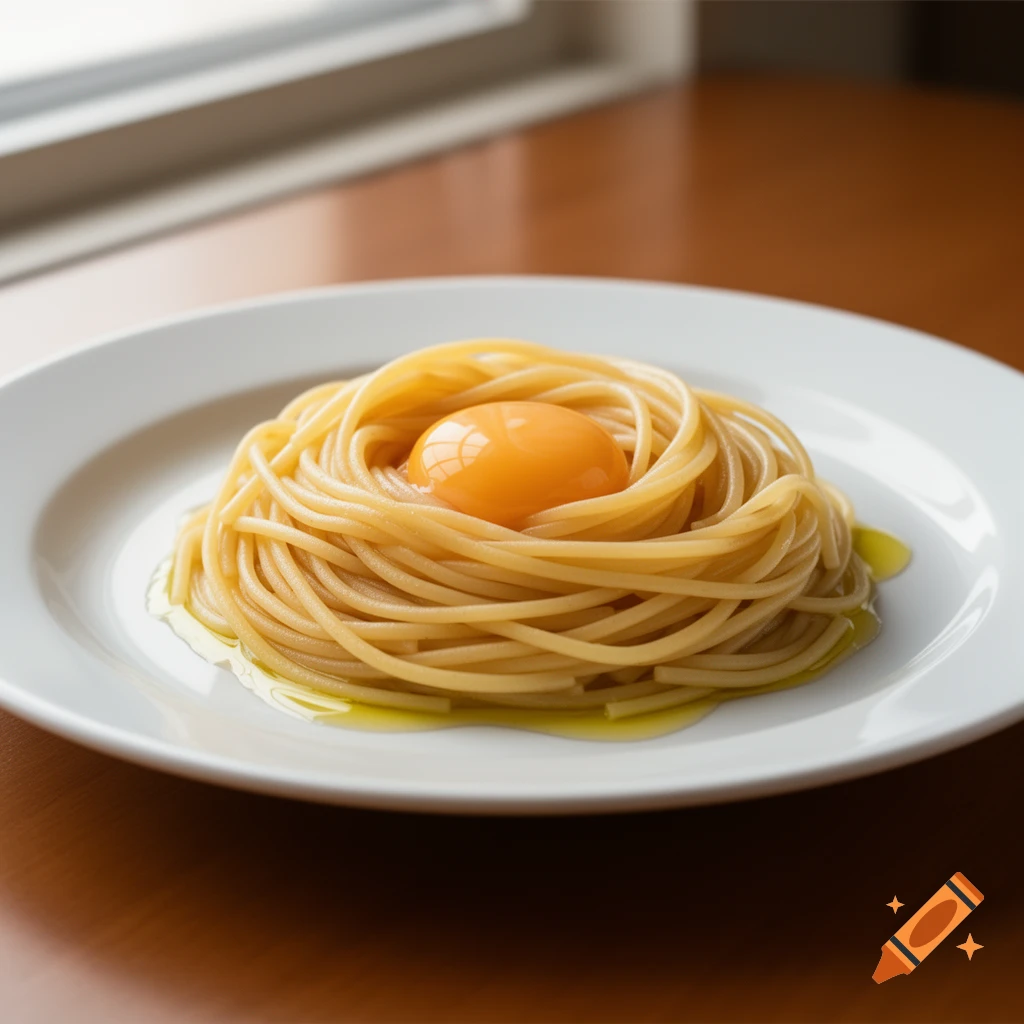 A close-up, photorealistic shot of a nest of spaghetti topped with a raw egg yolk on a white plate, set on a wooden surface.