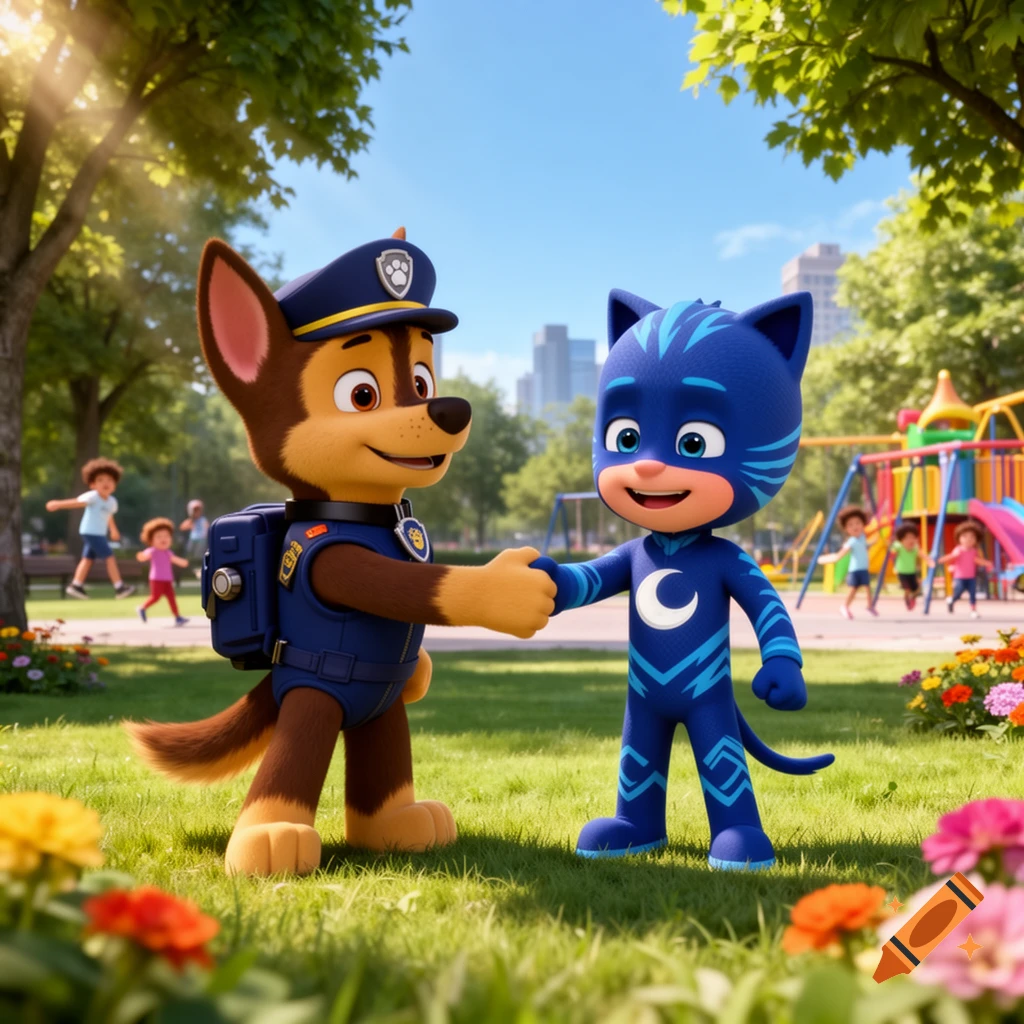 Chase from Paw Patrol and Catboy from PJ Masks shake hands in a sunny park with a playground and children in the background. 3D animated style.