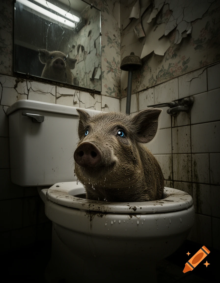 A pig with glowing blue eyes sits in a dirty toilet bowl in a dilapidated, decaying bathroom, creating a scary, surreal scene.