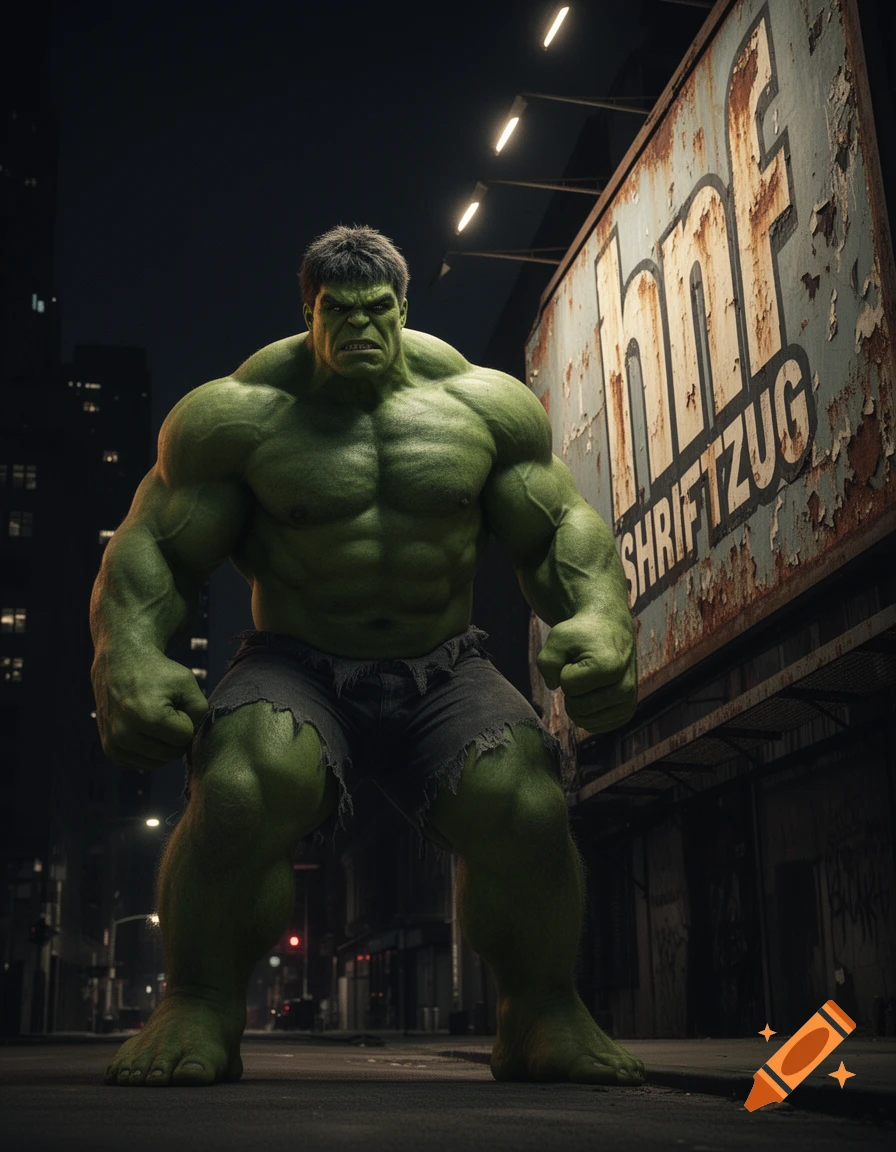 A muscular green Hulk stands aggressively in a dark, wet city street at night, with a large, rusty billboard to his right.
