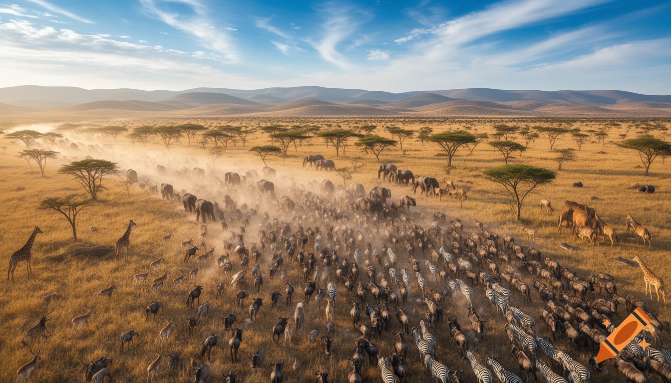 Vast savanna landscape with thousands of wildebeest, zebras, and other animals stampeding through dusty plains under a blue sky.