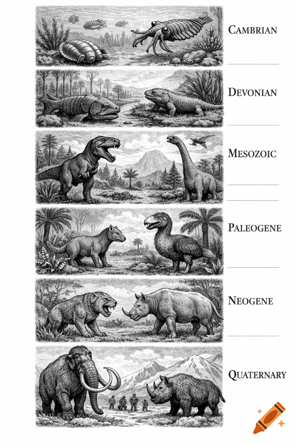 Six black and white illustrated panels showing prehistoric animals and landscapes from the Cambrian to the Quaternary eras, each labeled with its era.