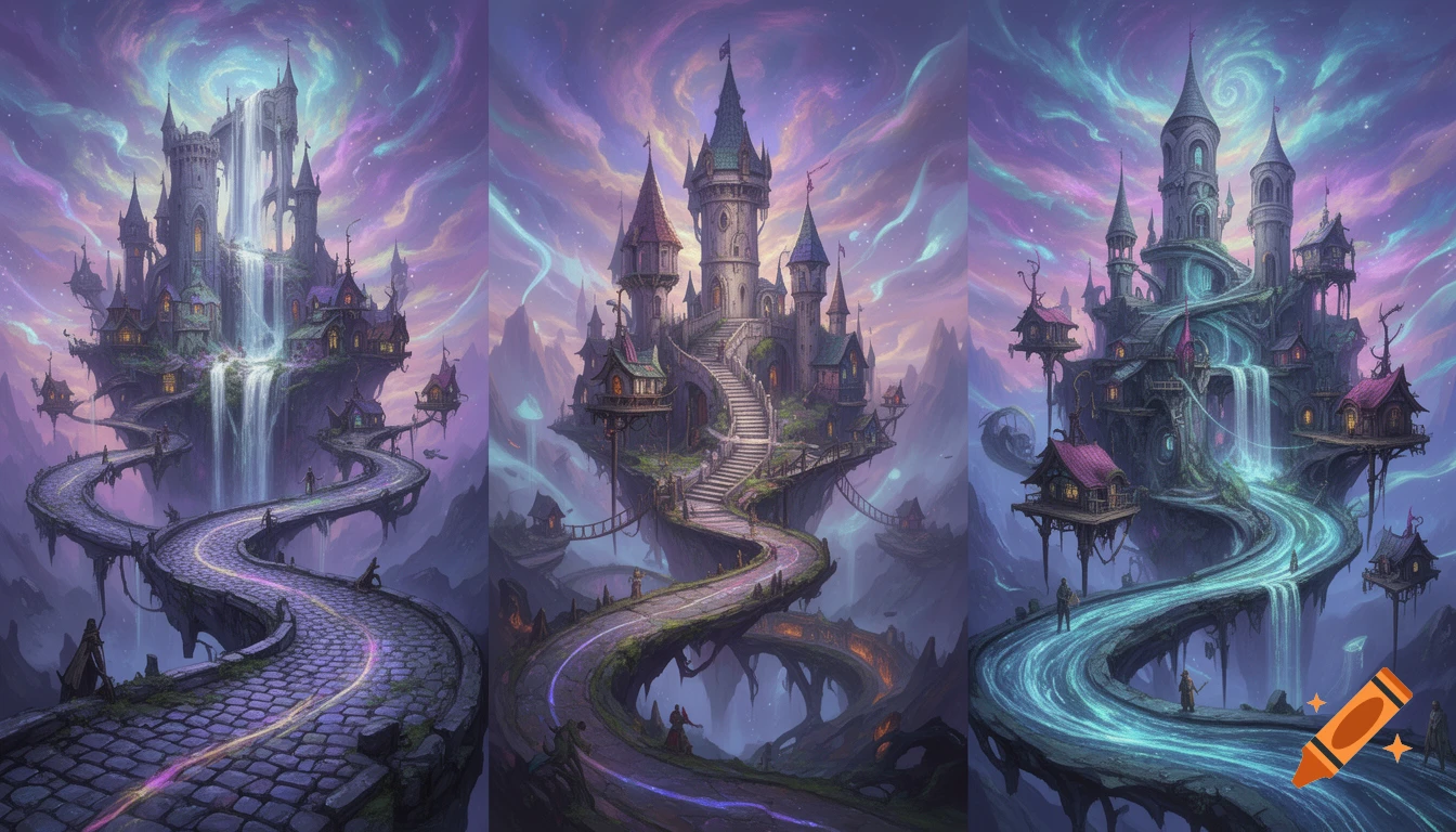Three fantastical castles rise from deformed lands with glowing roads, waterfalls, and whimsical houses under a vibrant, starry sky.