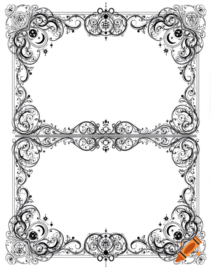 Two ornate black and white frames with intricate flourishes, mystical symbols, crescent moons, and stars.
