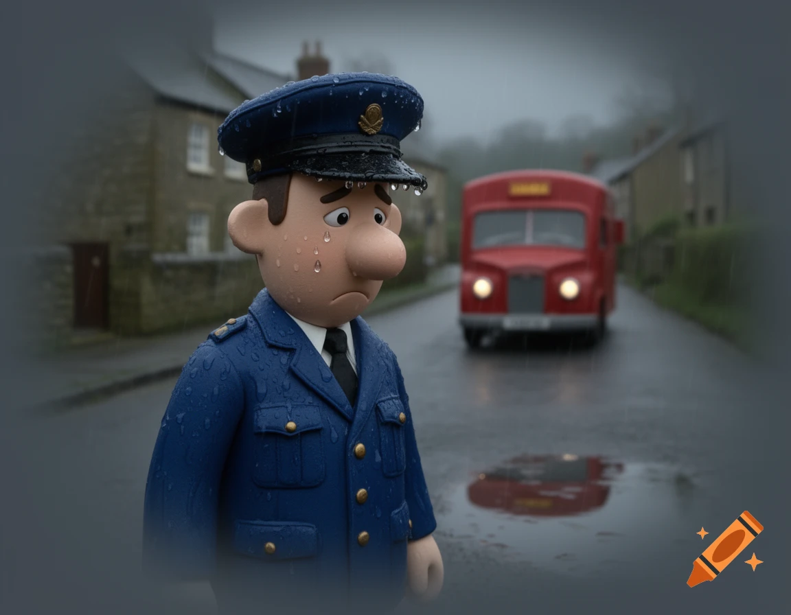 Sad Postman Pat with raindrops on his face, wearing a blue uniform, standing in the rain. A blurred red mail van is in the background.