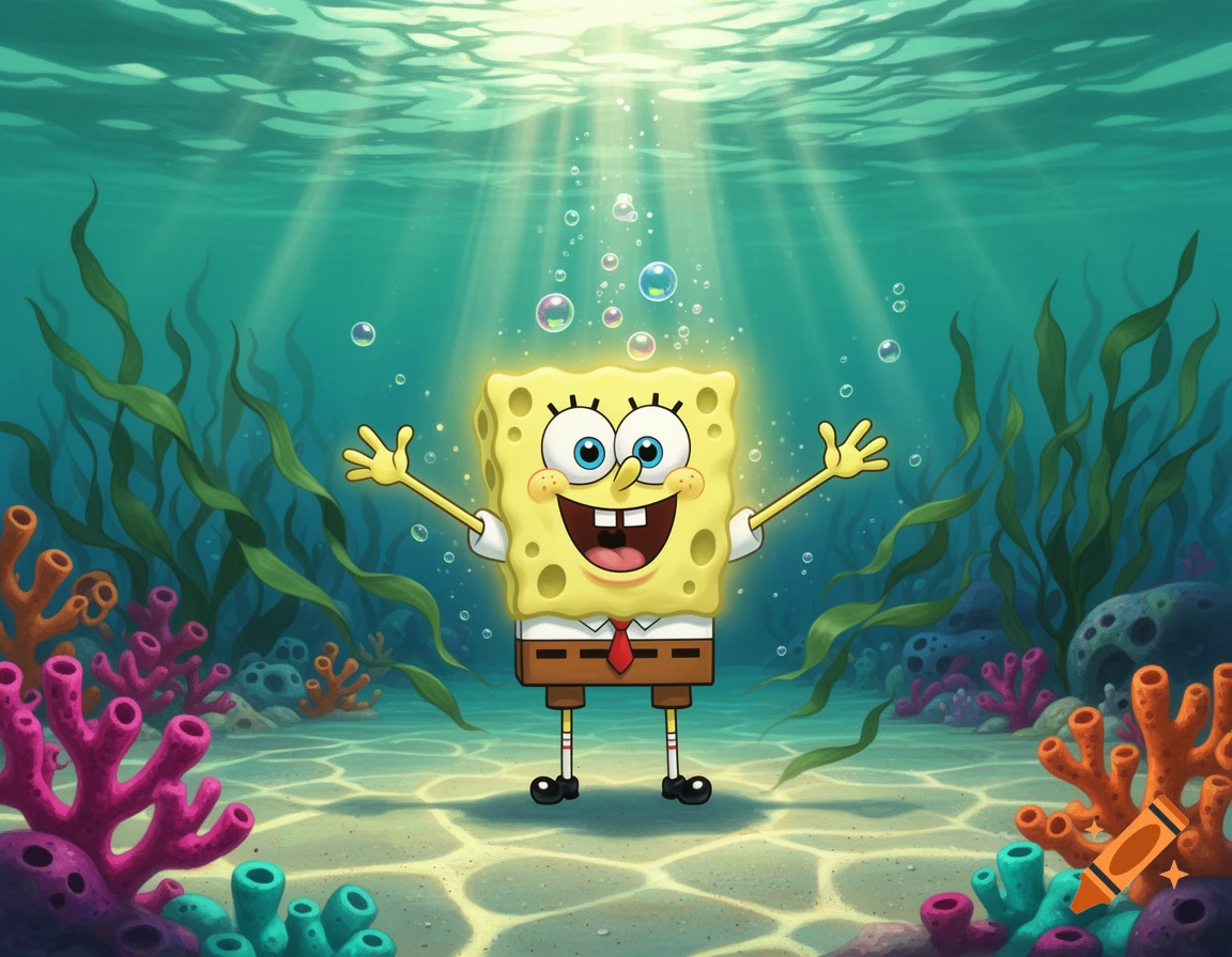 Spongebob Squarepants stands underwater with arms outstretched, surrounded by bubbles, green seaweed, and colorful coral under sun rays.