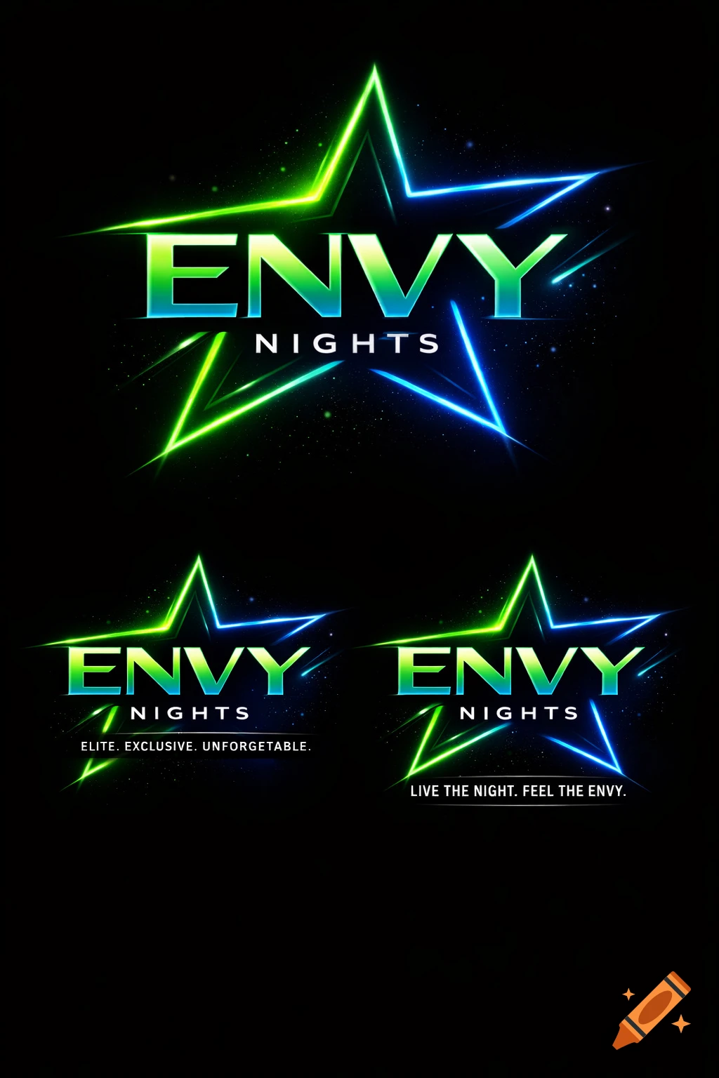 Sleek, modern logo for Envy Nights, featuring the text in green and blue neon against a glowing star on a black background.