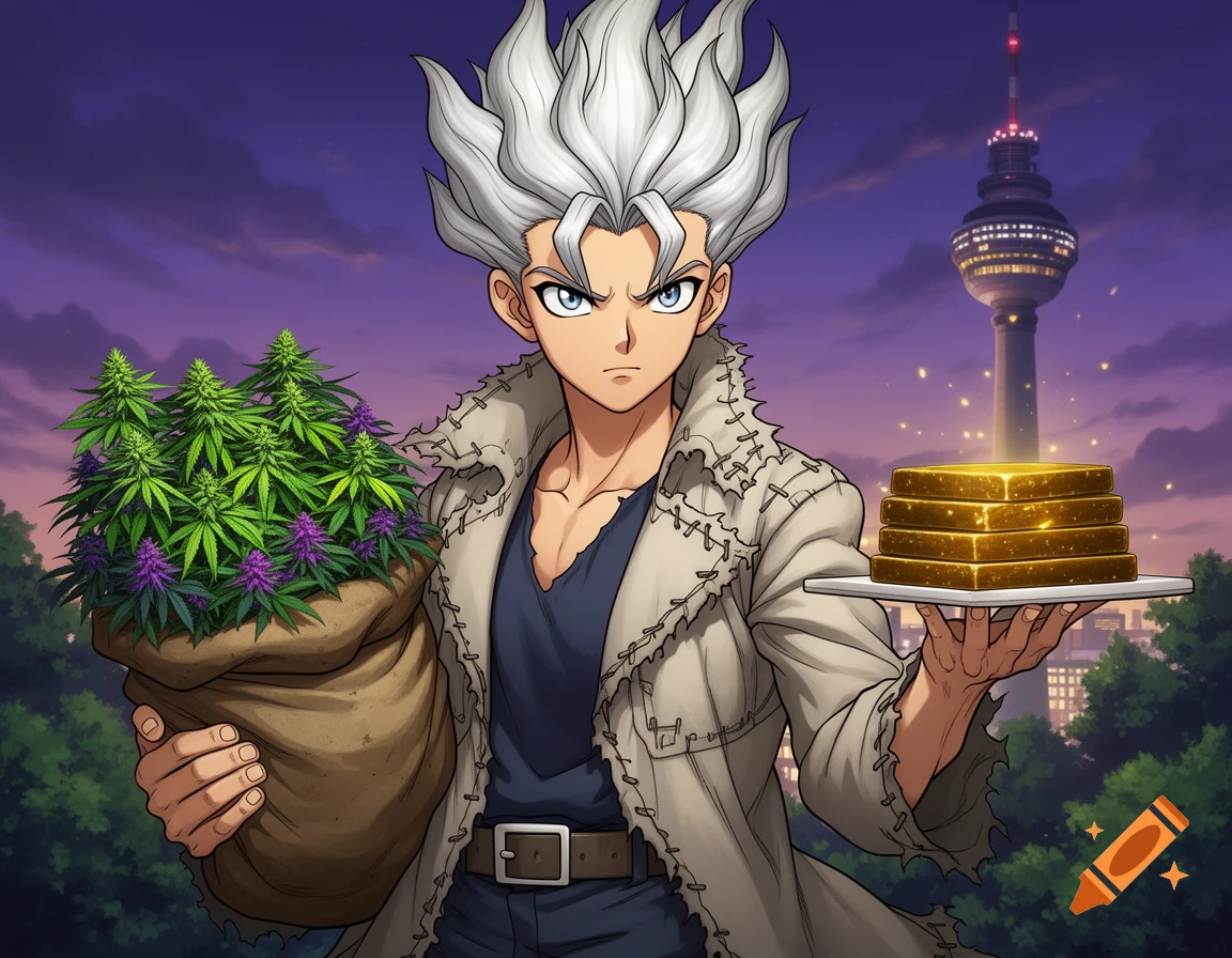 Anime character with white spiky hair holding a bag of cannabis and a stack of golden hash plates in front of a city skyline with a TV tower at dusk.